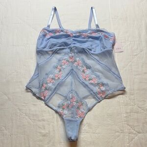 Vintage look Light Blue Floral Embroidery Mesh Thong Lingerie Bodysuit XL NWT